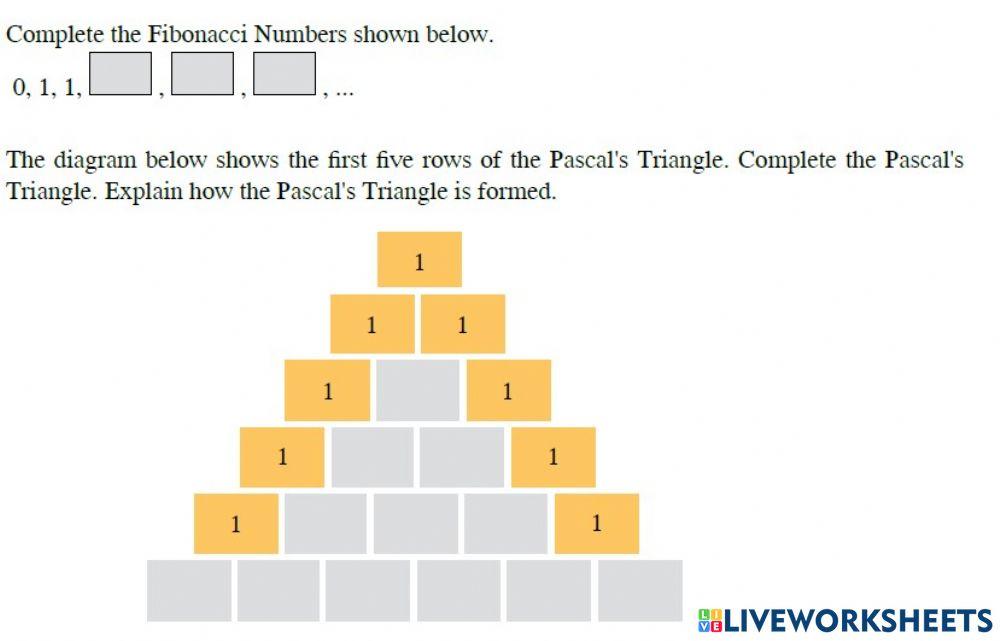 Fibonacci Number, Pascal Triangle online exercise for | Live Worksheets