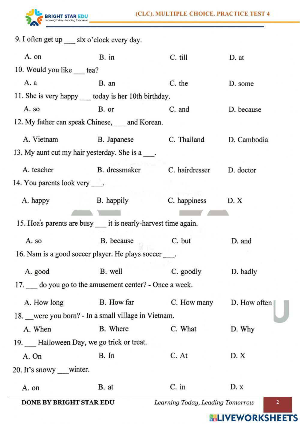 (CLC).Multiple choice. Practice test 4