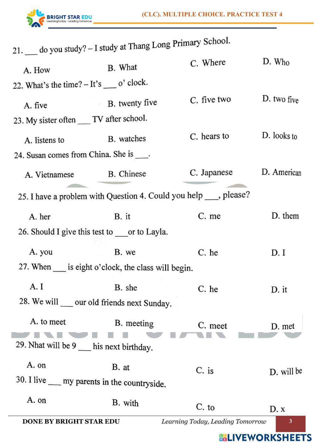 (CLC).Multiple choice. Practice test 4