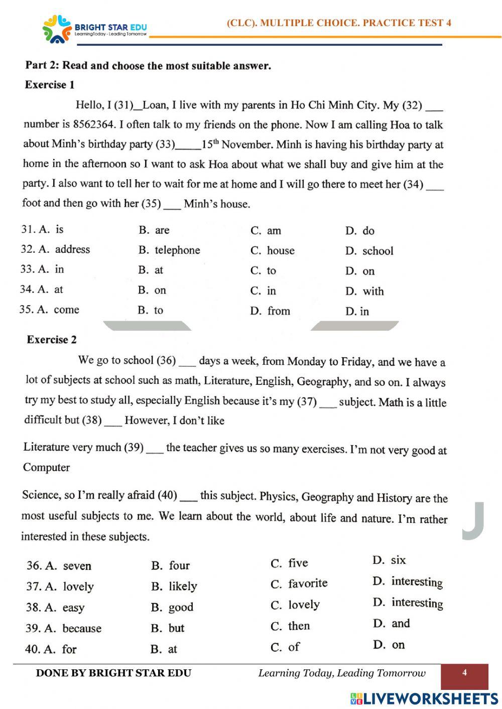(CLC).Multiple choice. Practice test 4 worksheet Live Worksheets
