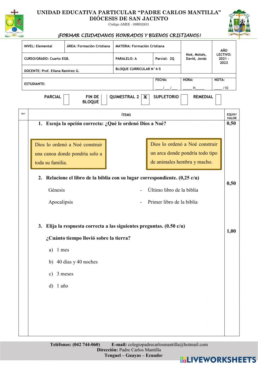 Formacion cristiana - examen quimestral