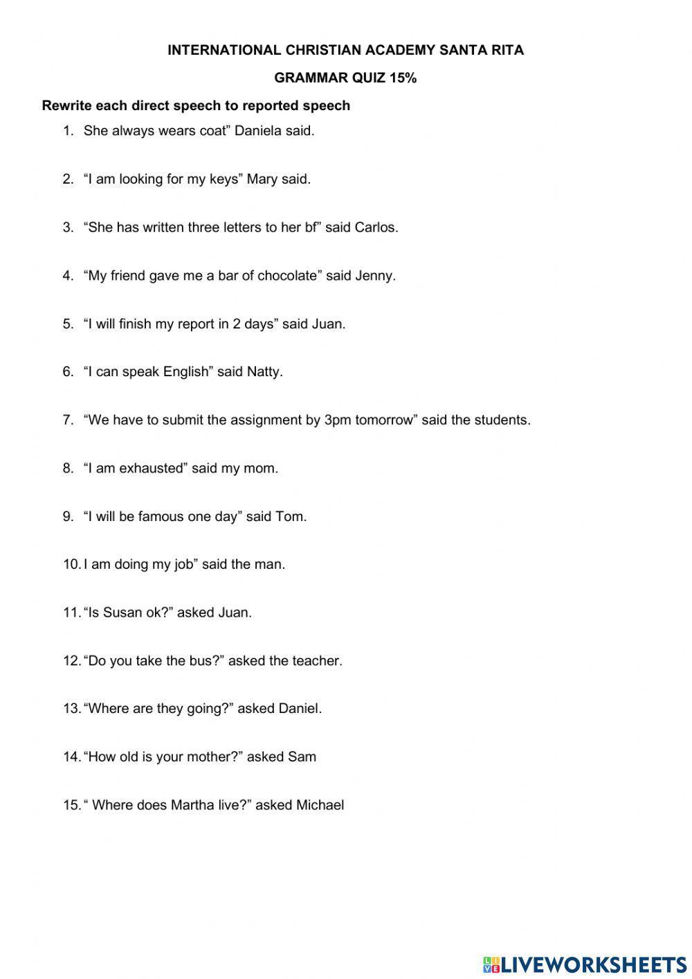 Reported speech online exercise for 8th | Live Worksheets