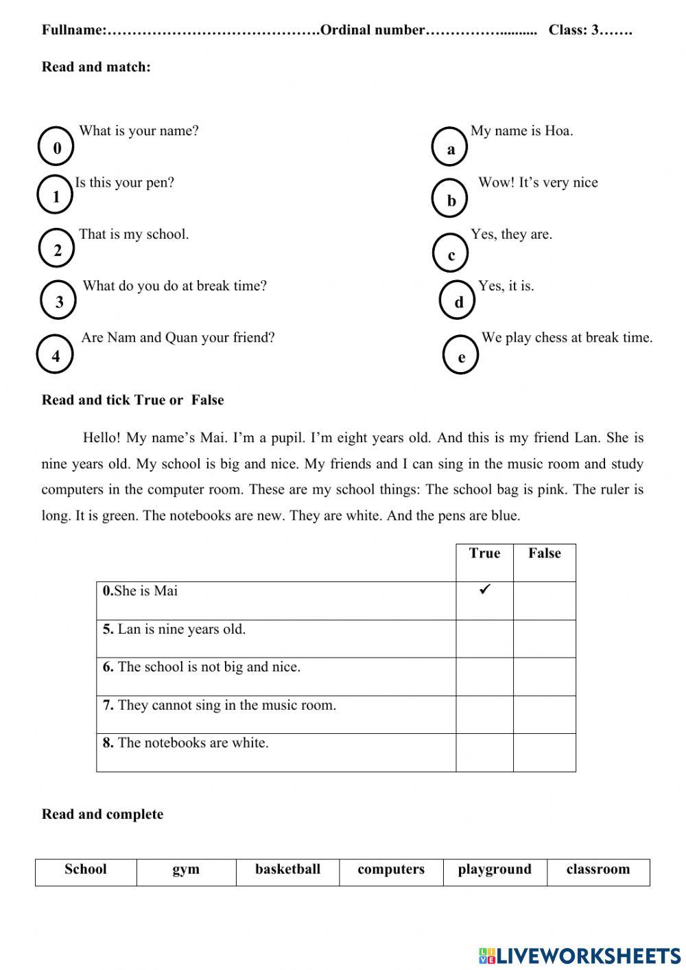 Reading and writing grade 3