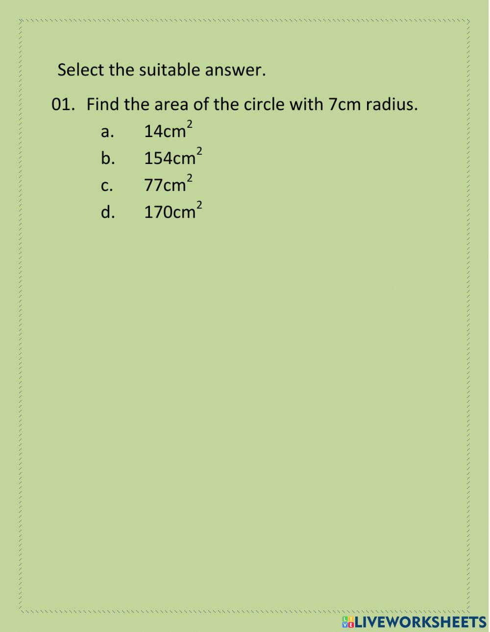 Area Of A Circle Free Printable Worksheets