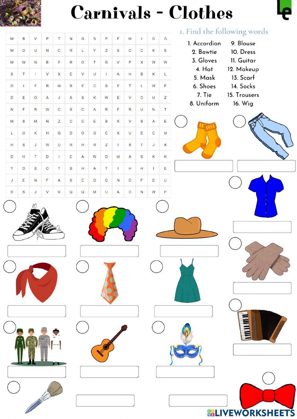 Wordsearch on carnival clothes