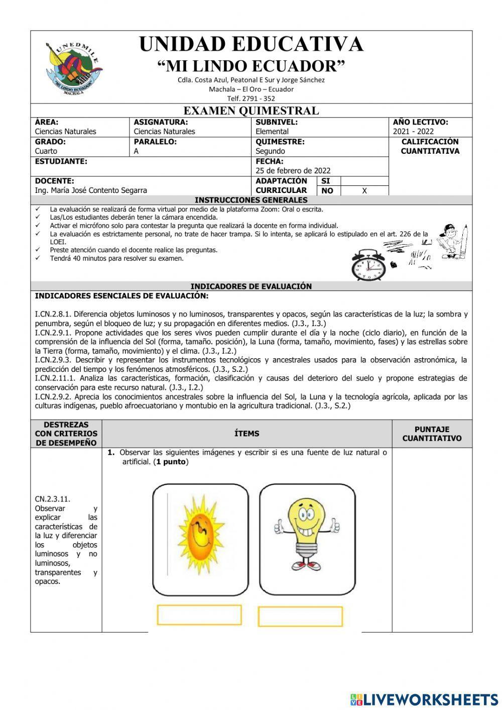 Examen quimestral ciencias naturales