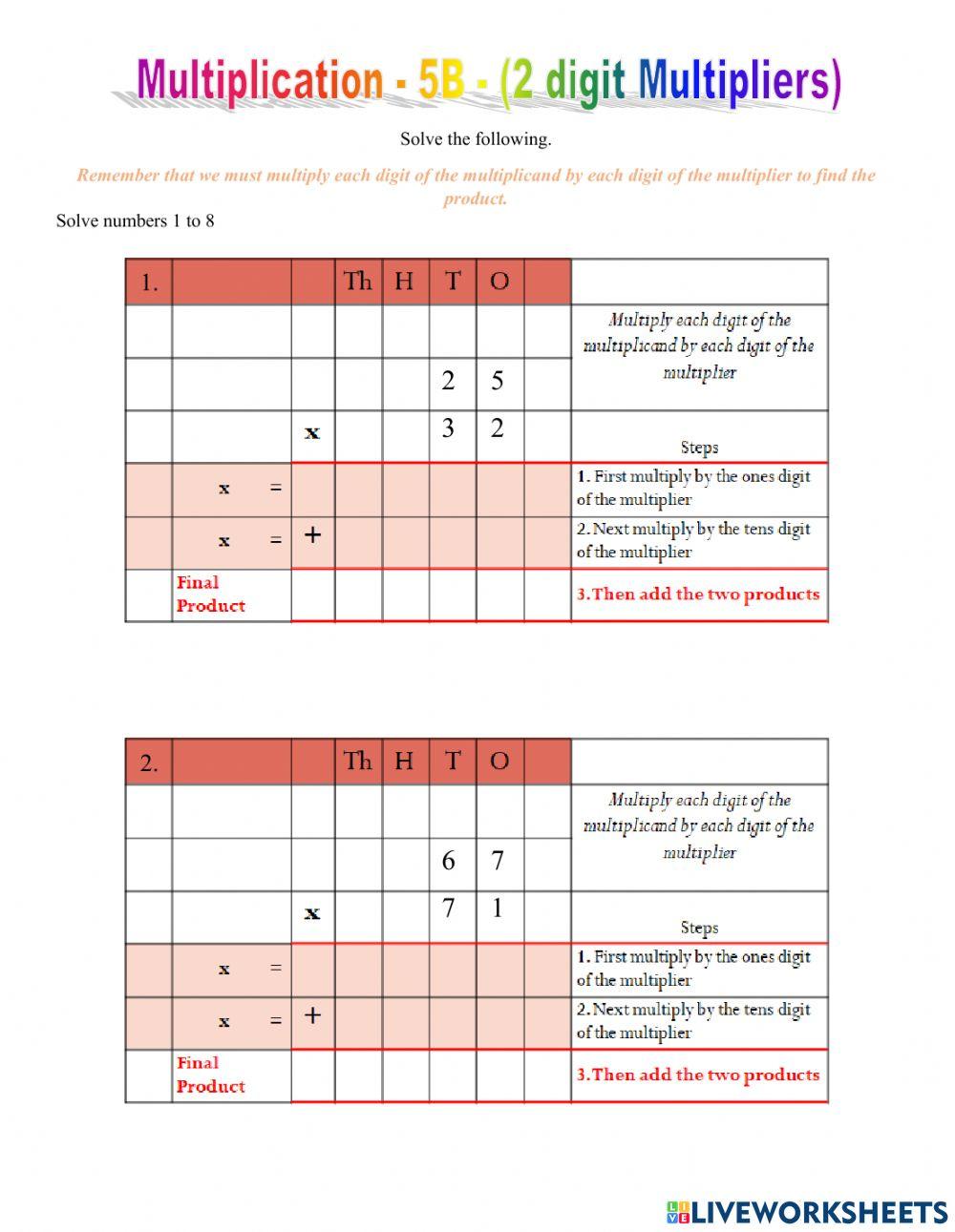 Multiplication 5B (2d Multipliers) worksheet | Live Worksheets