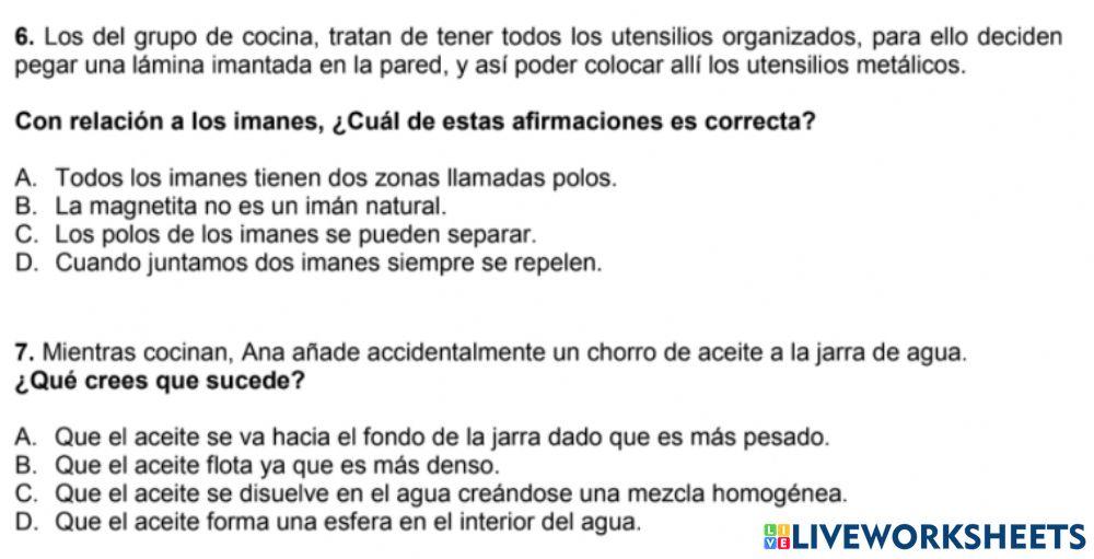 Prueba CAM 6º: Competencias básicas ciencias y tecnología 6 y 7