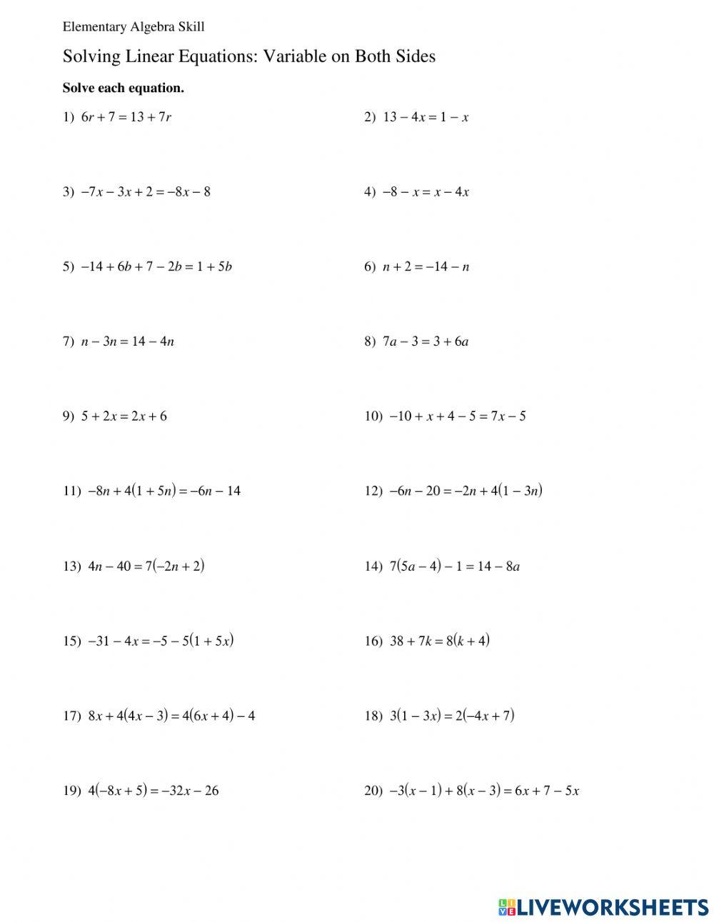 Solving equations with variables on both sides worksheet | Live Worksheets Solving equations with variables on both sides worksheet | Live Worksheets