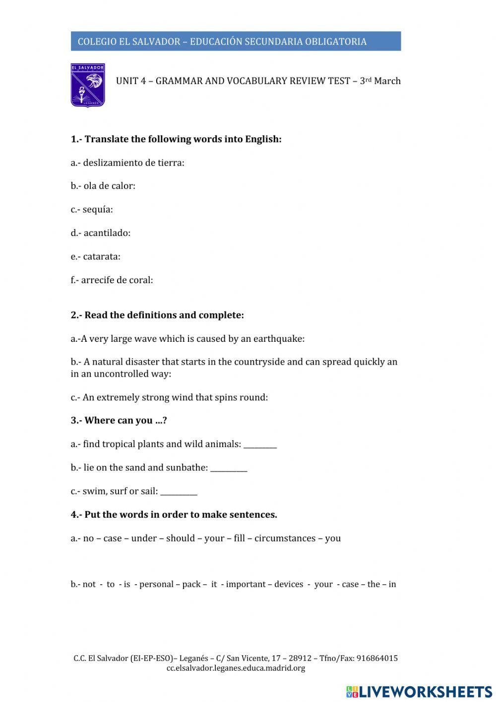 Grammar and Vocabulary Review Test 4º ESO