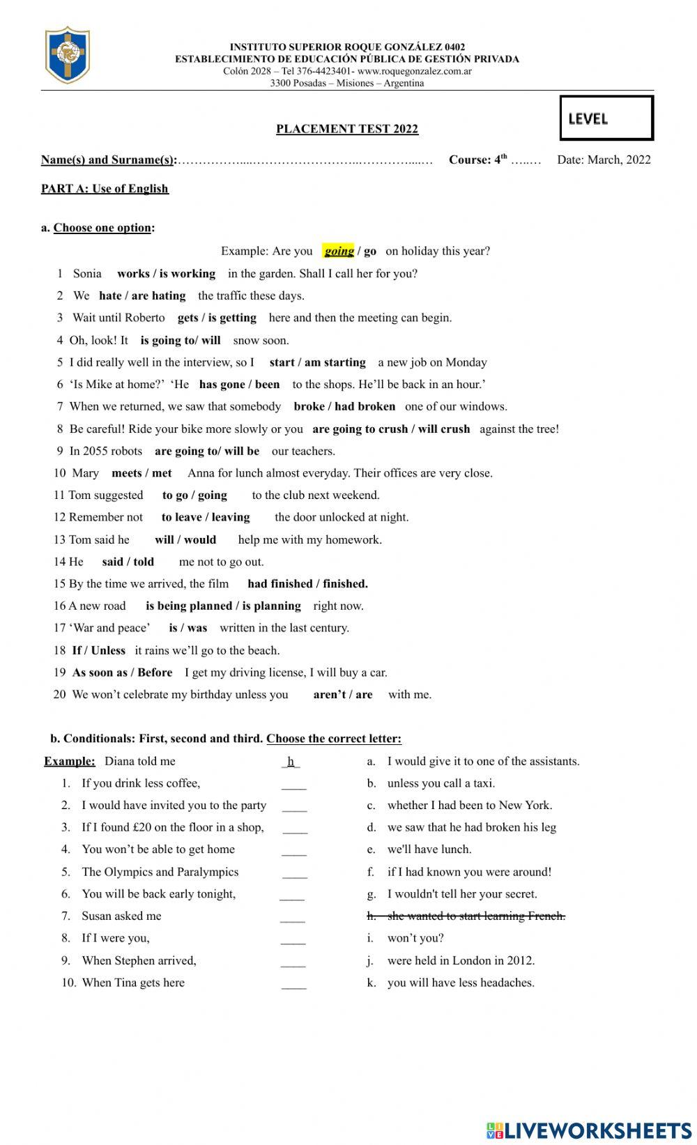 4th year PLACEMENT TEST 2022