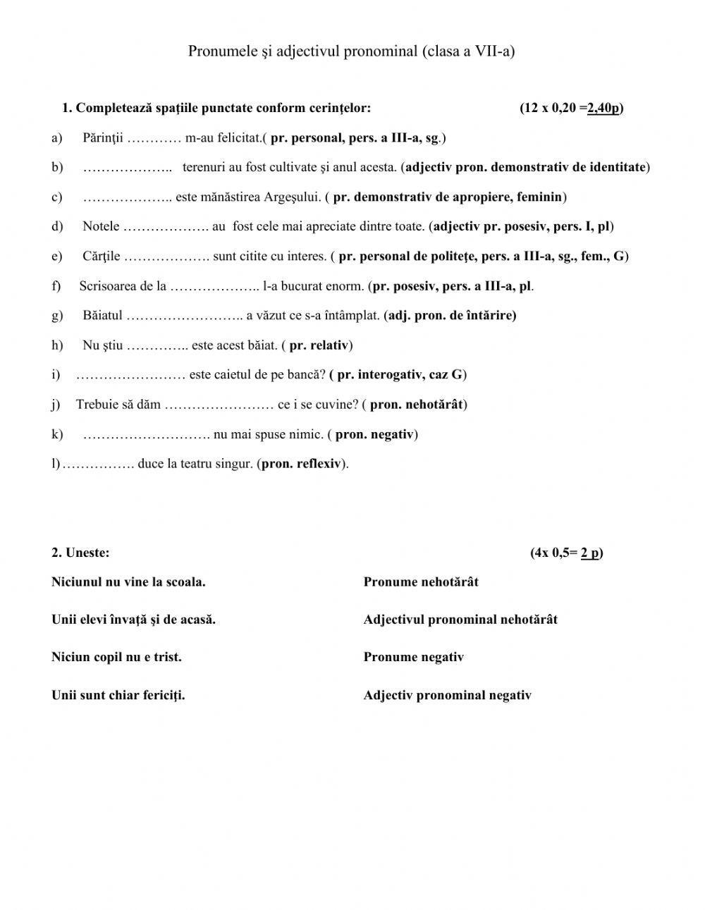 Pronumele si adjectivul pronominal, clasa VII-a,   20 aprilie 2020