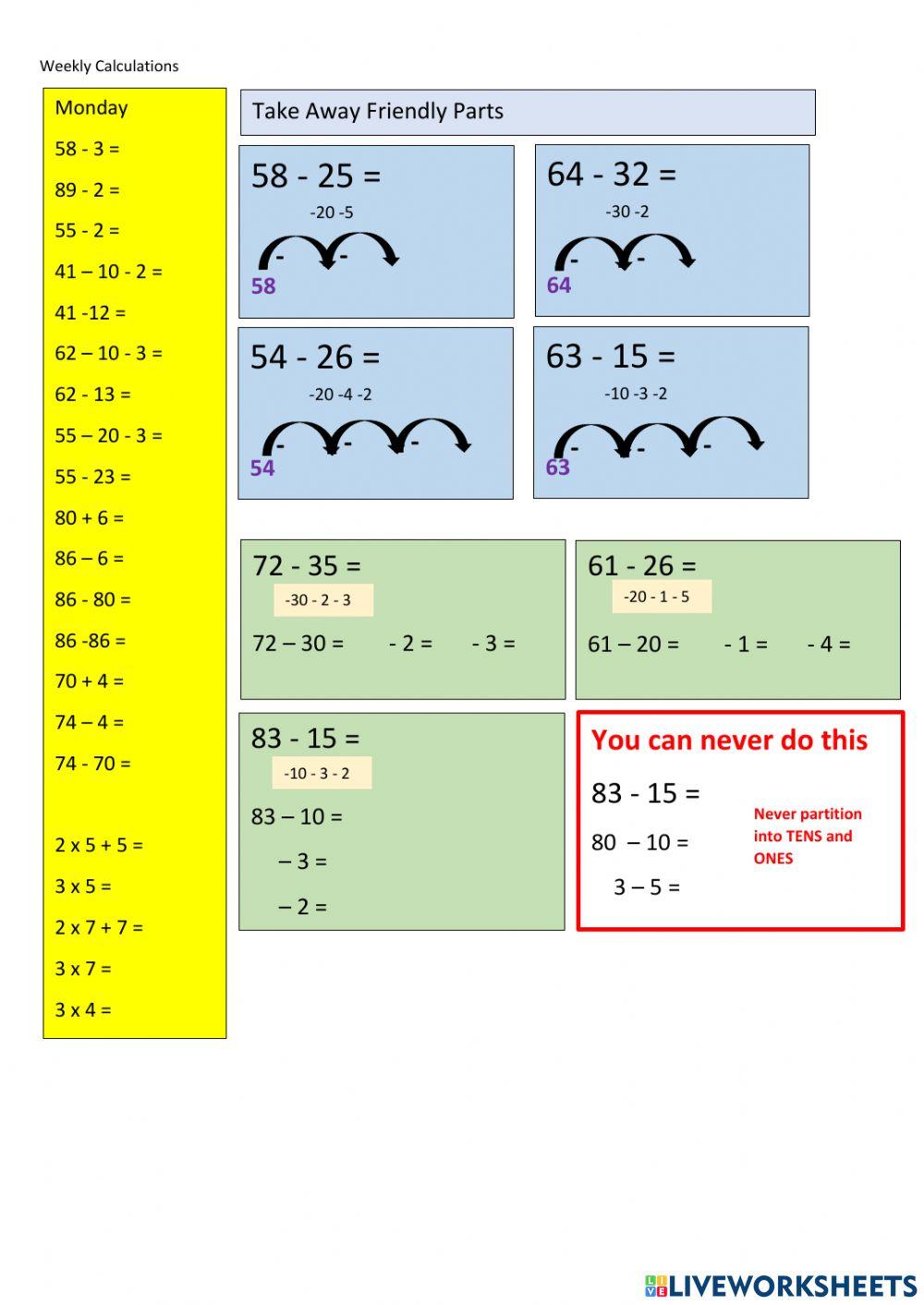 CHILL5 Math Subtraction Mentals Take Away Friendly Numbers in Parts Set 1