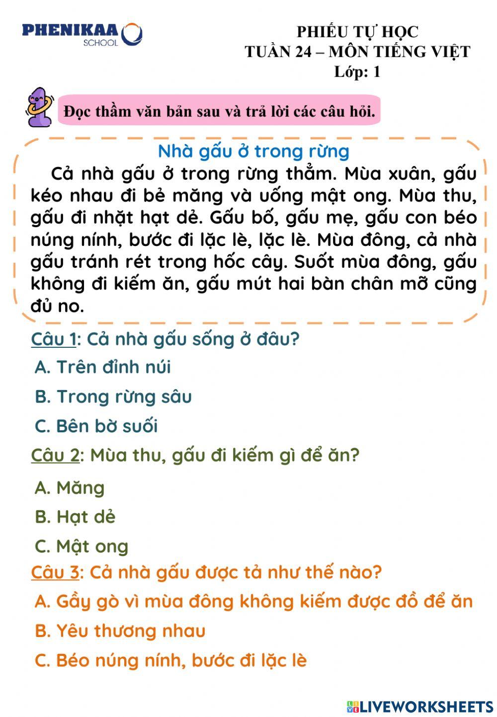 Phiếu cuối tuần 24 môn Tiếng Việt