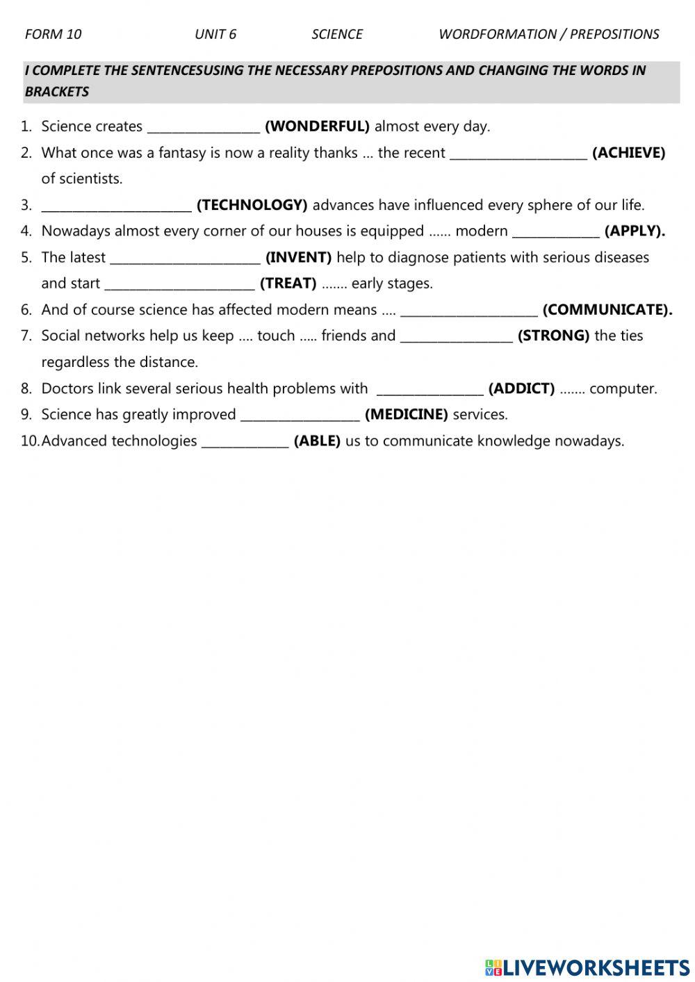 Science - wordformation - prepositions