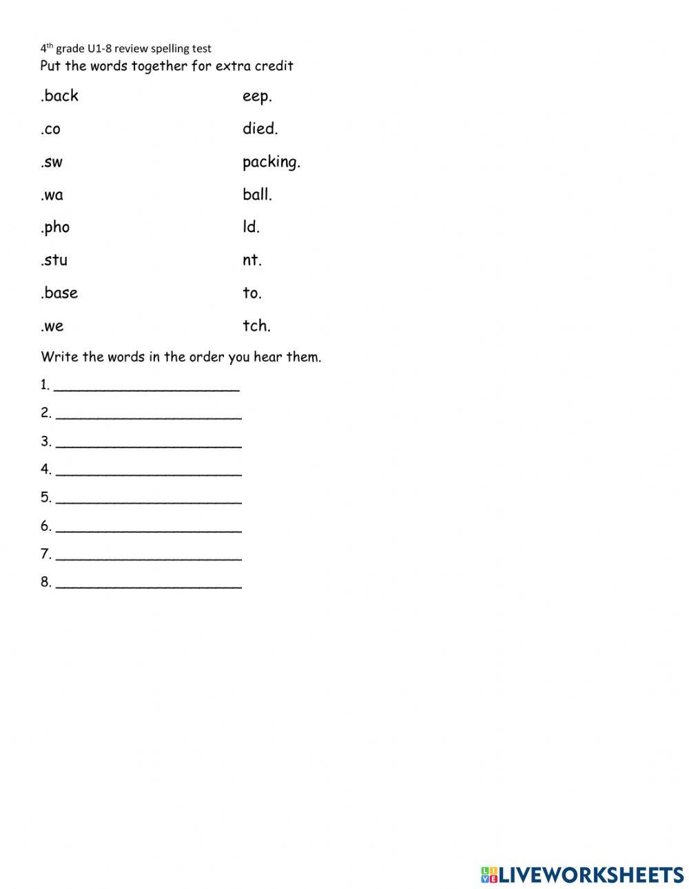4th G spelling quiz U1-8 review