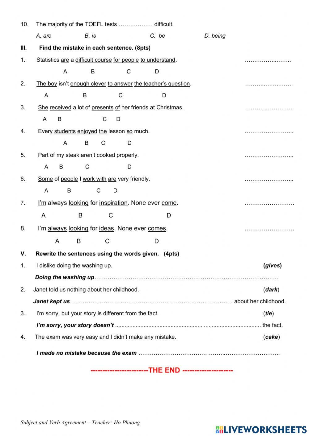 Subjects and Verbs Agreement - Part 2
