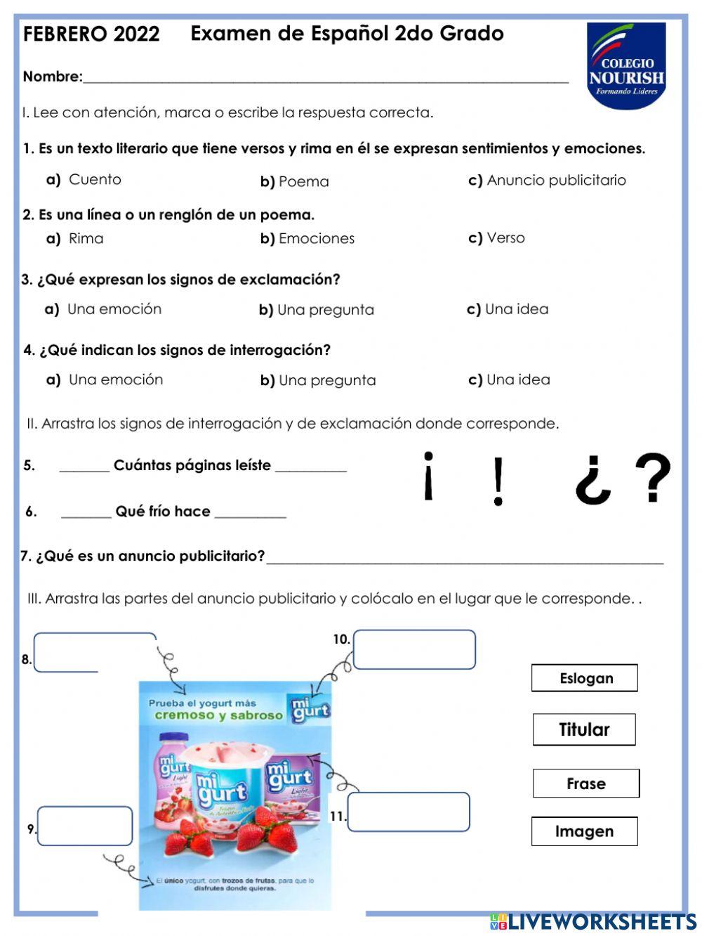 Examen de Español 2do