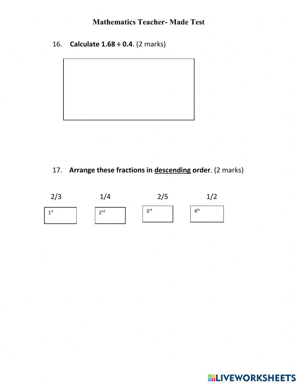 Mathematics Assessment 5 OL G6