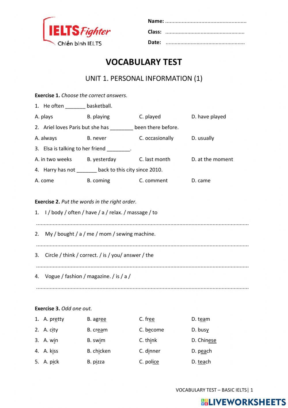 Vocab Test U1-BASIC IELTS