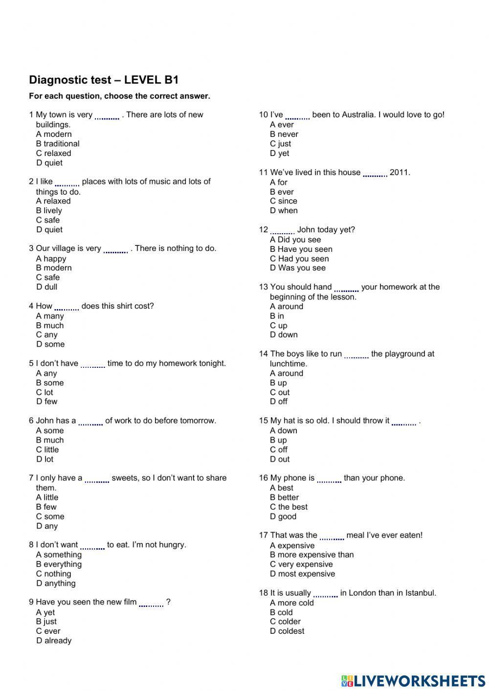 Diagnostic Test Level B1 Worksheet Live Worksheets, 58% OFF