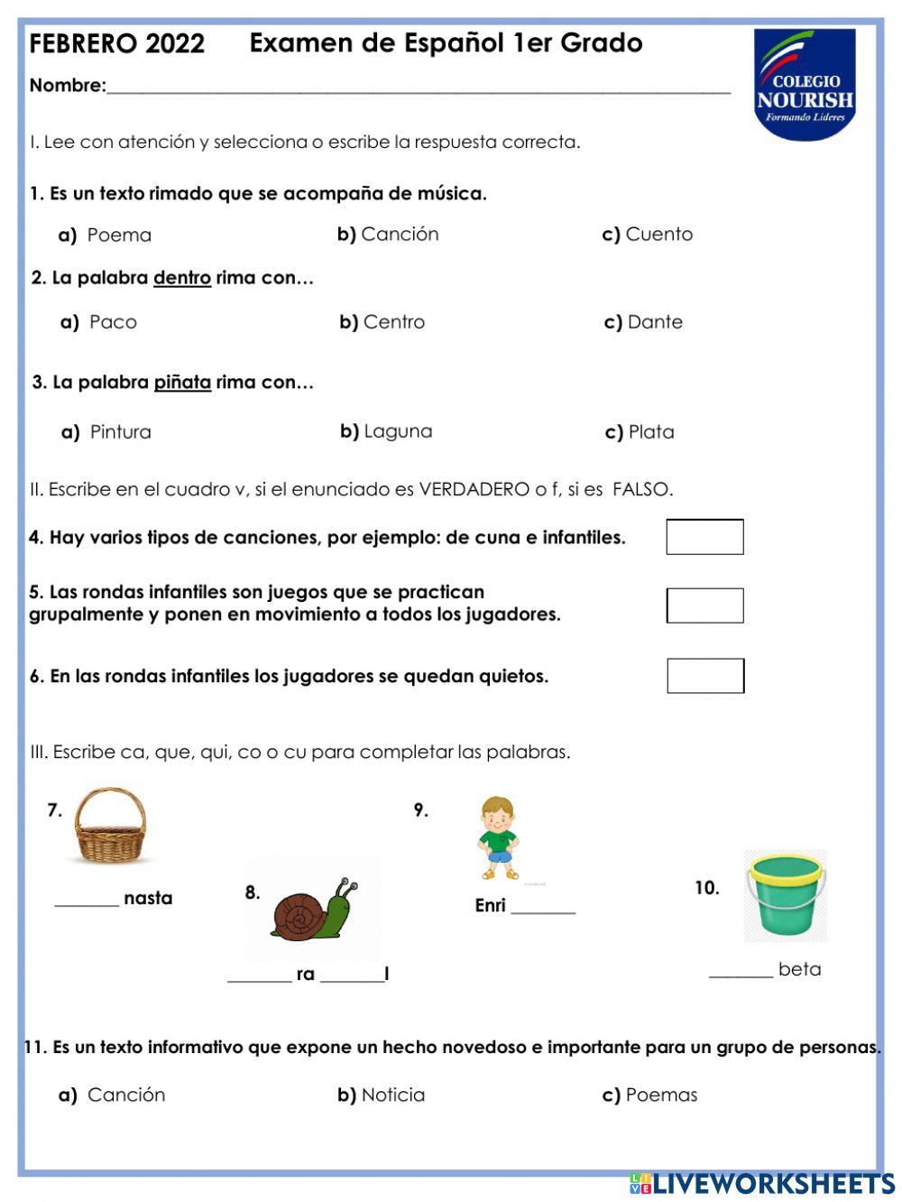 Examen de español 1er grado