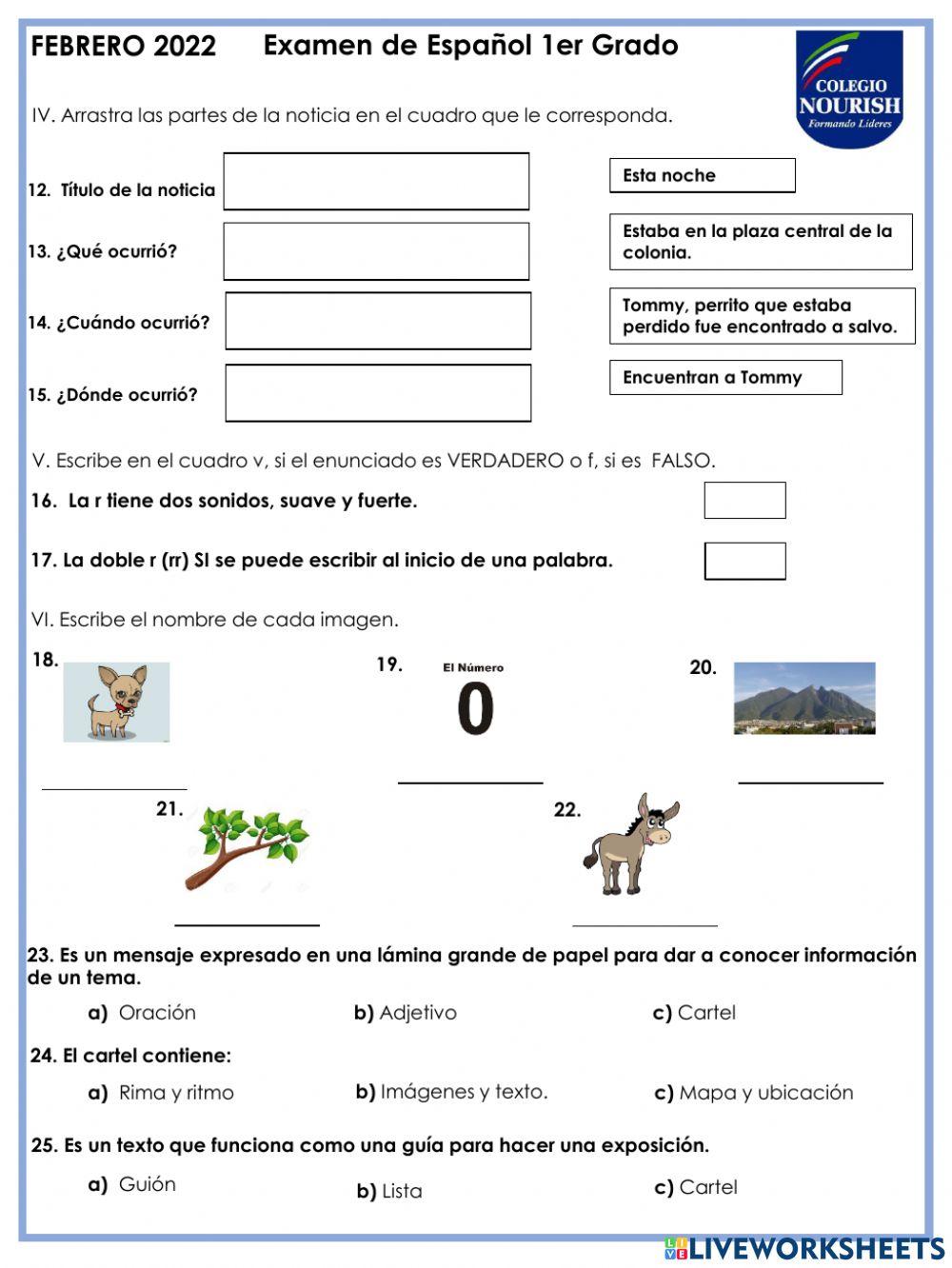 Examen de español 1er grado