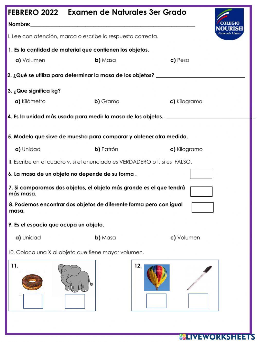 Examen de naturales 3ero