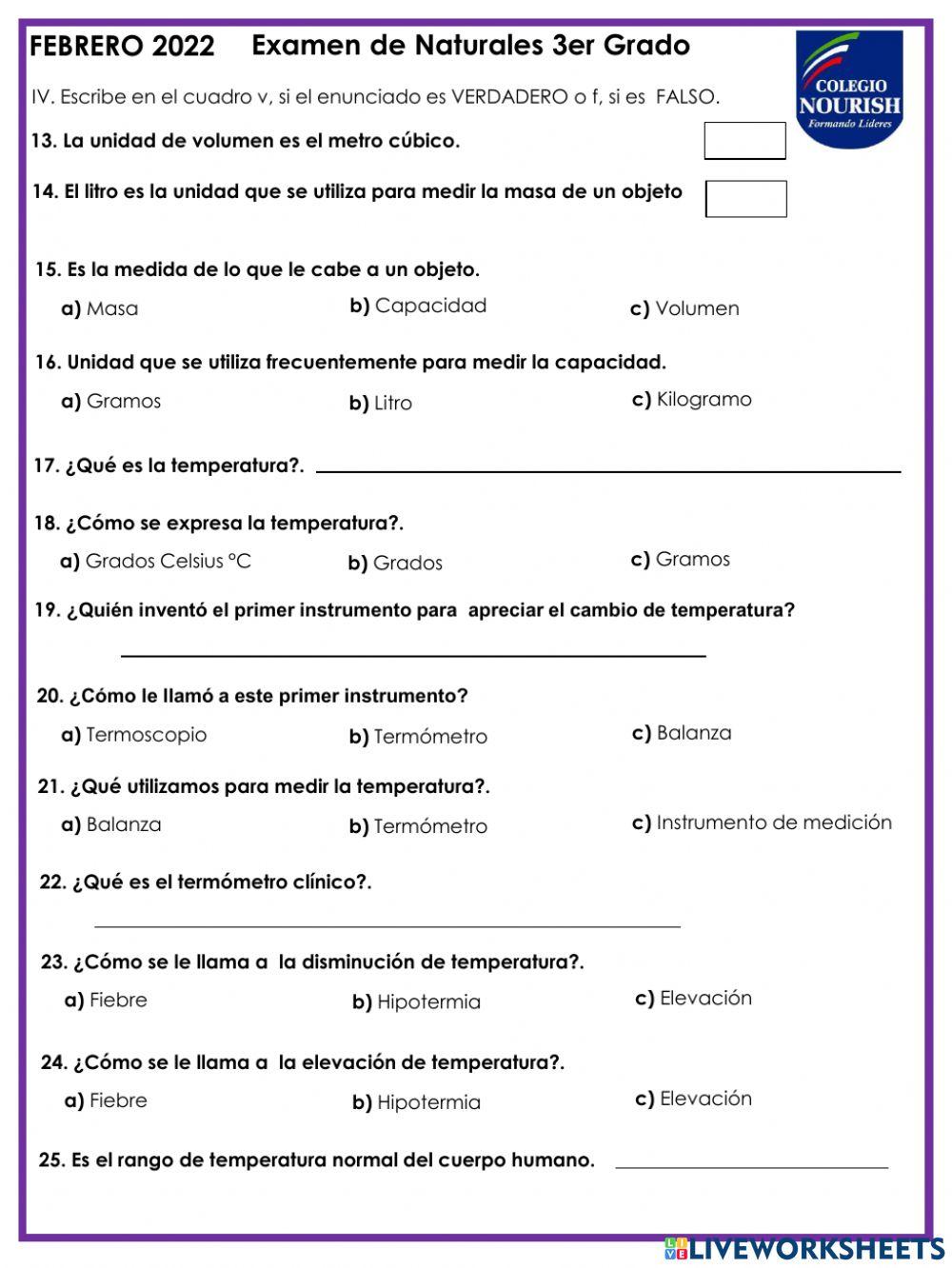 Examen de naturales 3ero