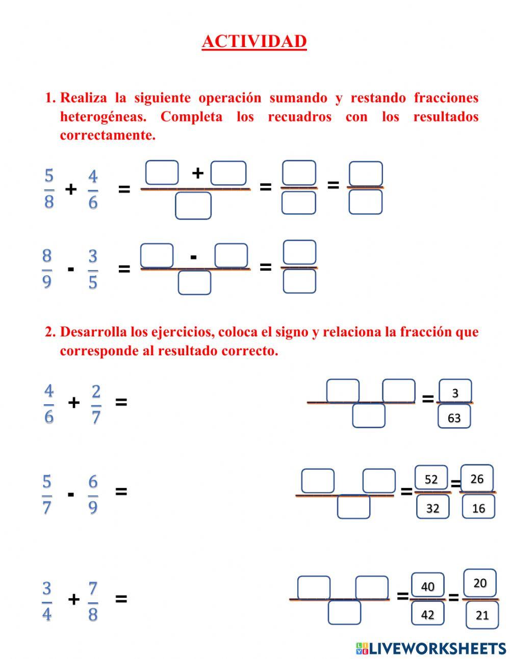 Sumas y restas entre fracciones homogéneas y heterogéneas