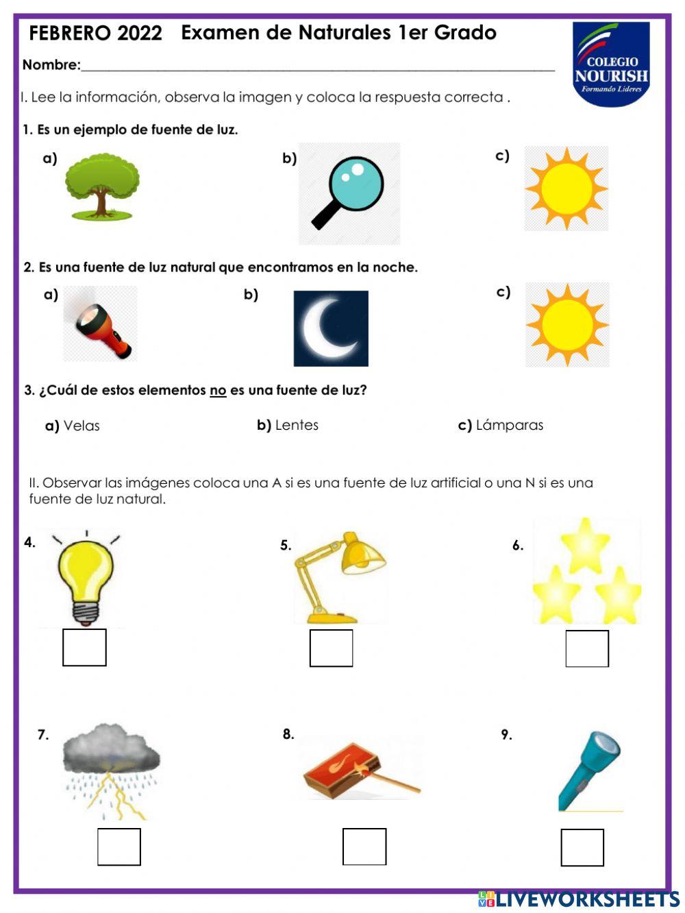Examen de naturales 1er grado