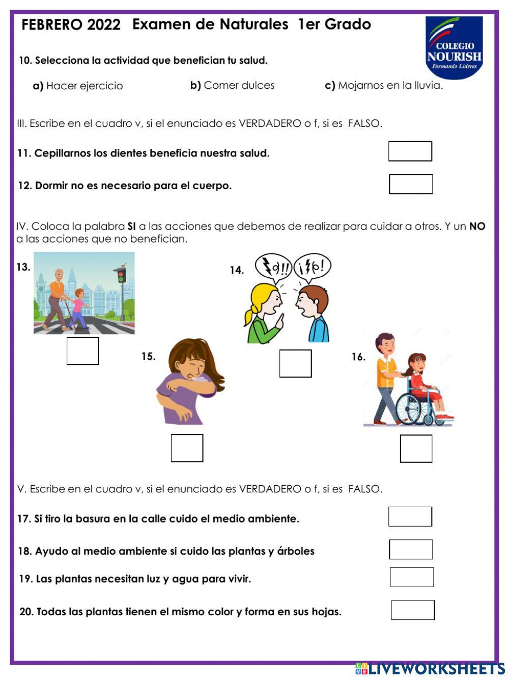 Examen de naturales 1er grado