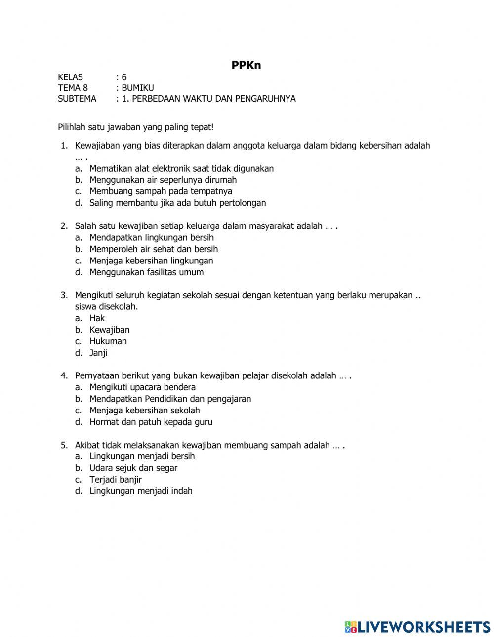 UH PPKn Kelas 6 Tema 8 Subtema 1