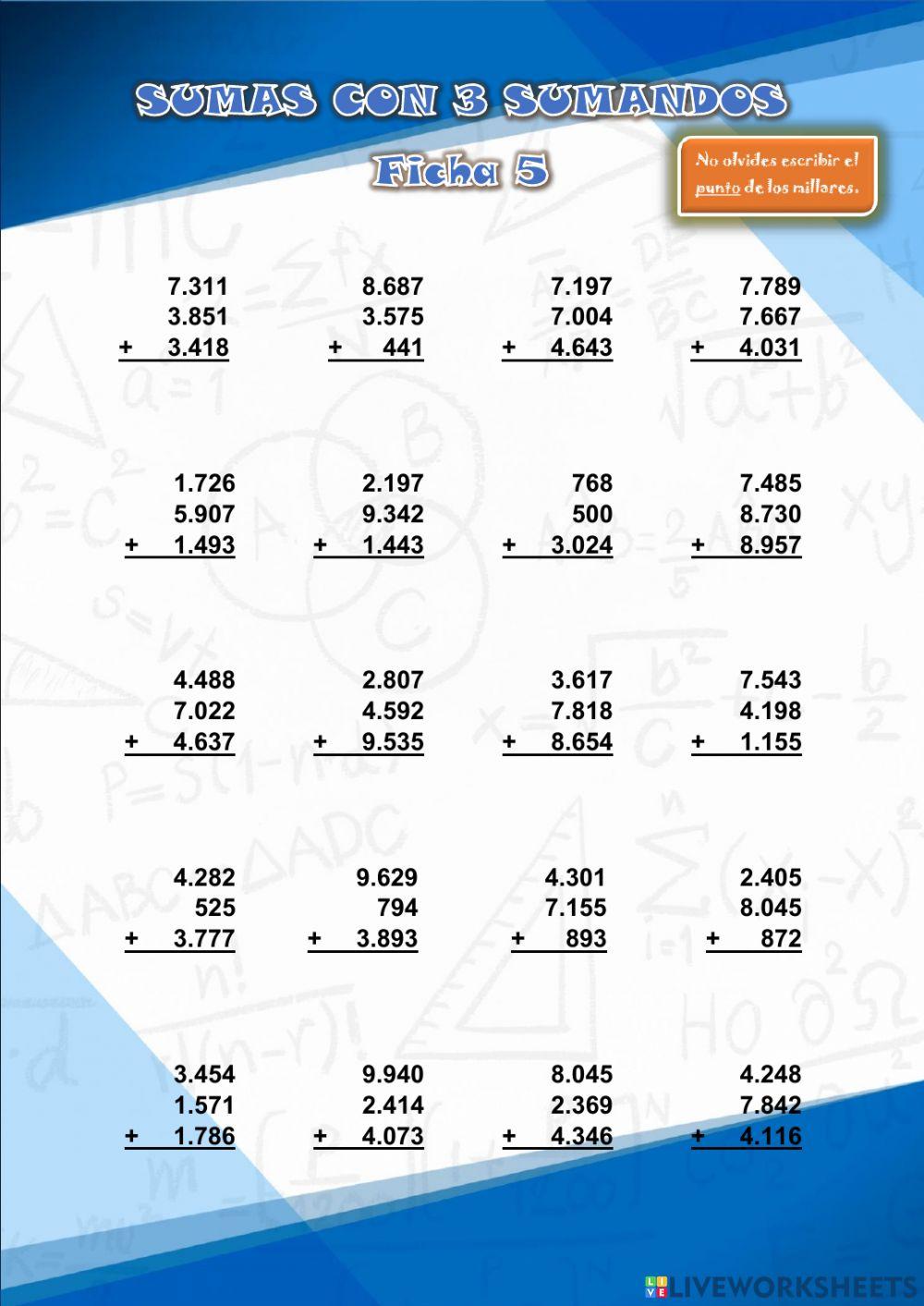 SUMAS CON 3 SUMANDOS. Ficha 5