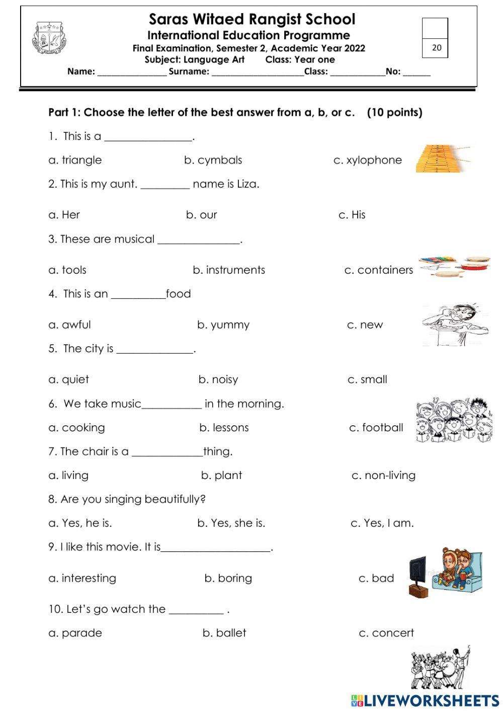 Language Test Oxford Discover, semester 2, Year 1