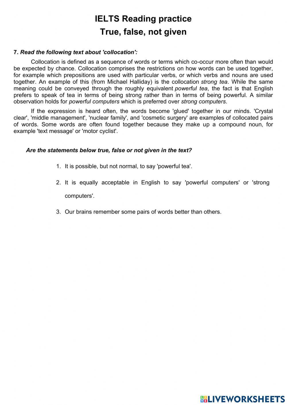 True false not given 7 worksheet live worksheets