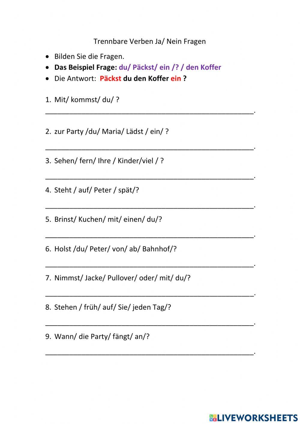 Trennbare Verben Ja-Nein Fragen