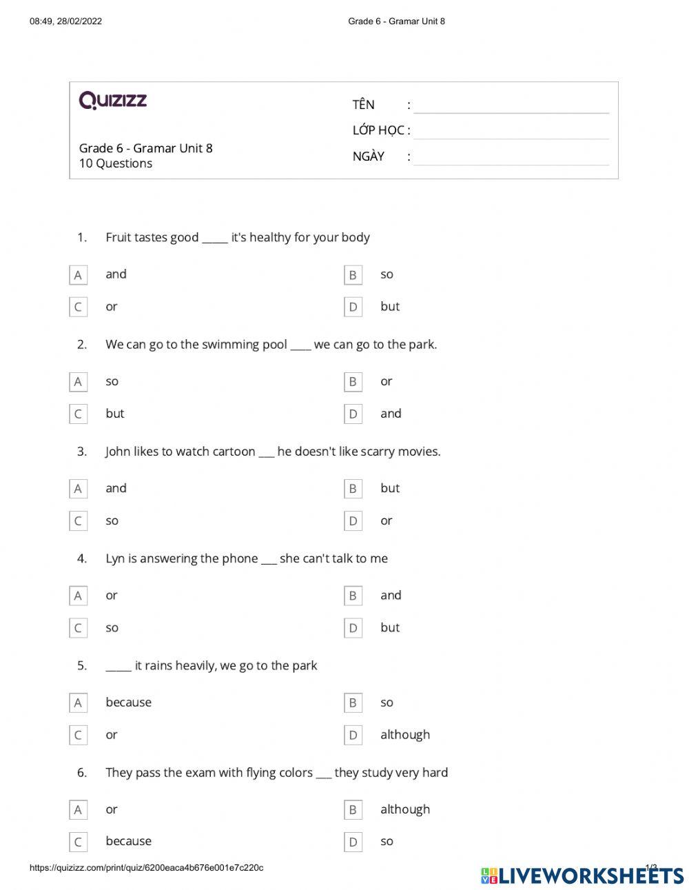 Tiếng Anh 6 review unit 8
