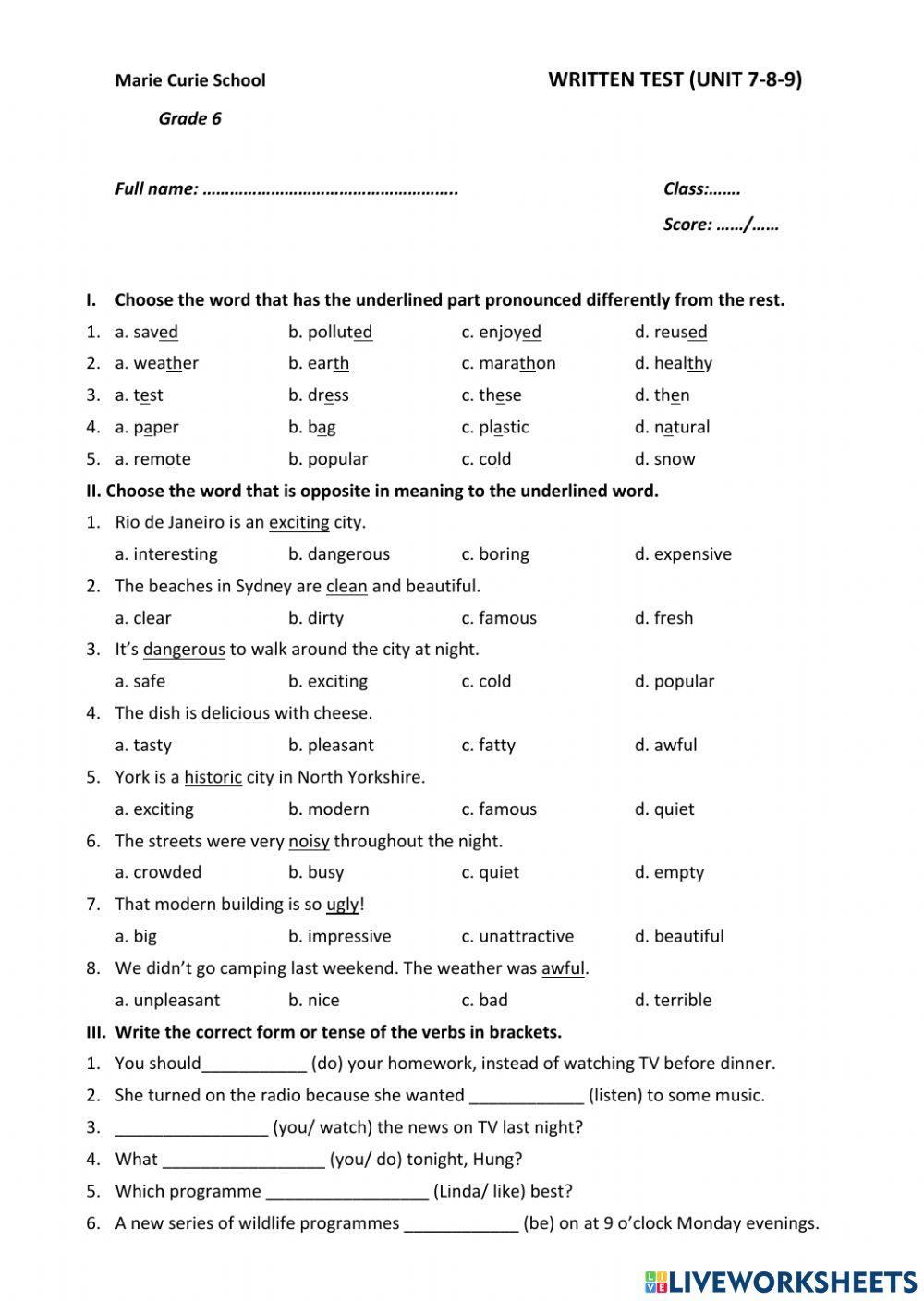 Written test (unit 7-8-9)