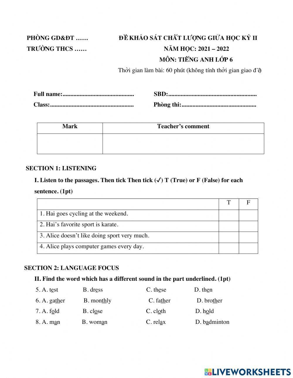 Grade 6-Mid-term test 2