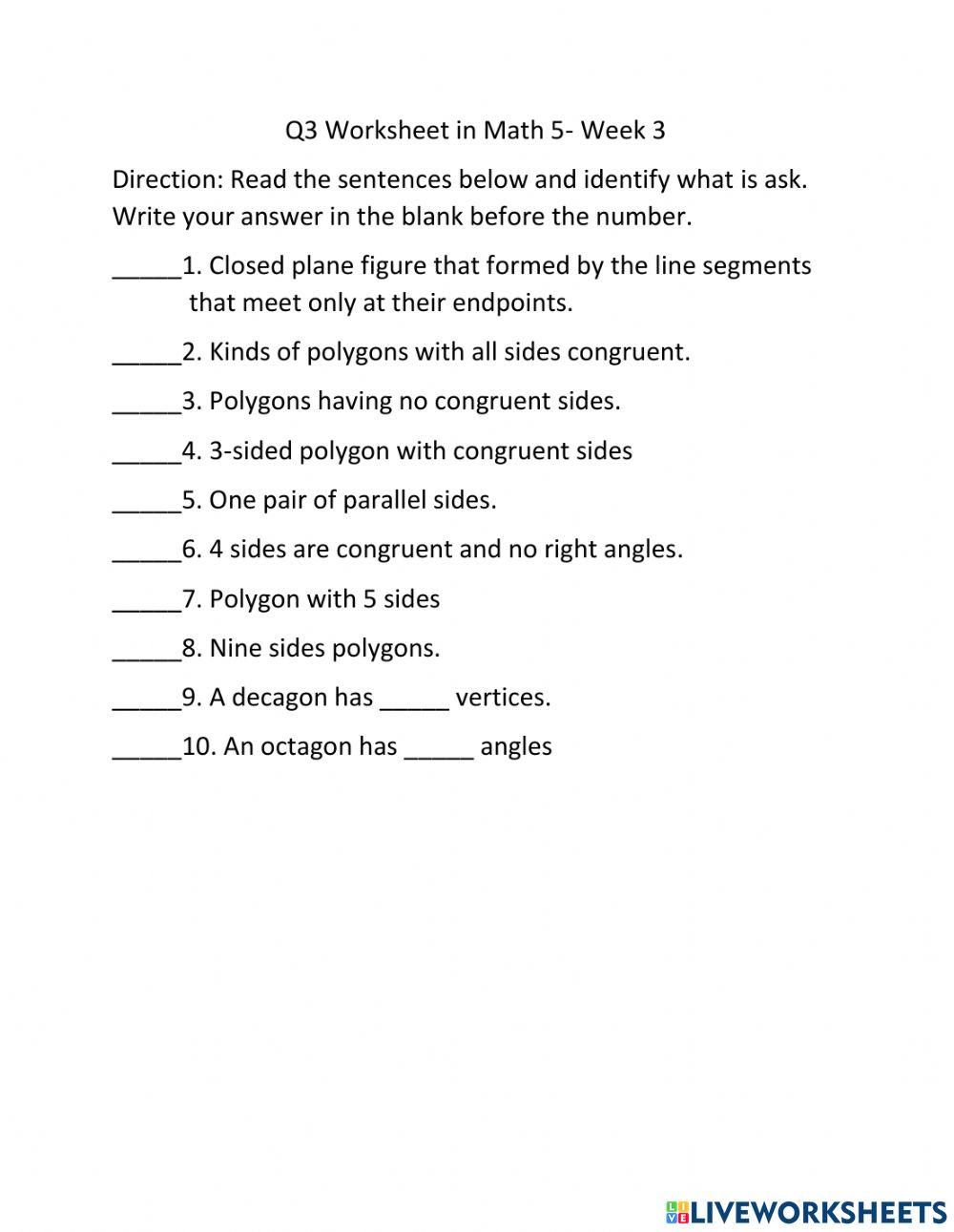 Worksheet Math 5 Week 3 worksheet | Live Worksheets