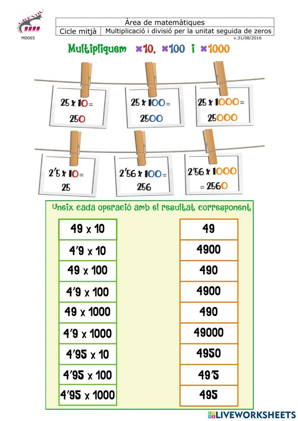Multiplicacions i divisions per la unitat seguida de zeros