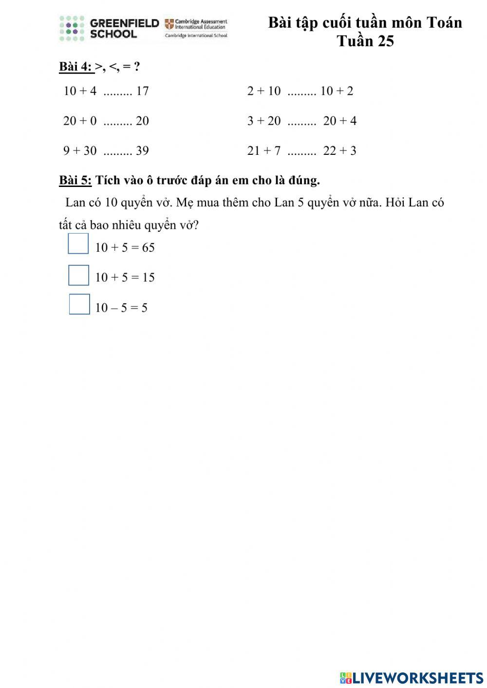 Bài tập cuối tuần toán tuần 25