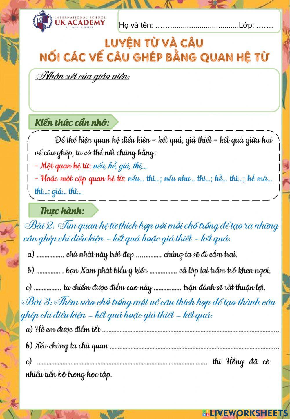 LTVC 5 - Nối các vế câu ghép bằng quan hệ từ