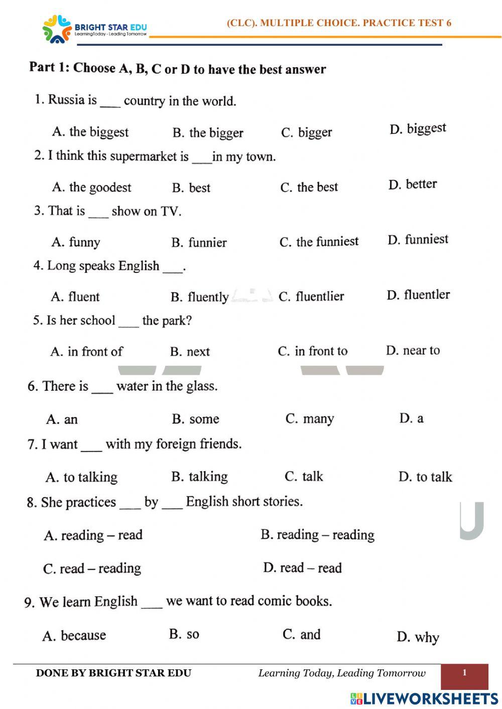 (CLC).Multiple choice. Practice test 6