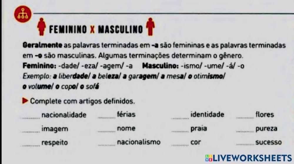 Feminino- masculino e artigos definidos
