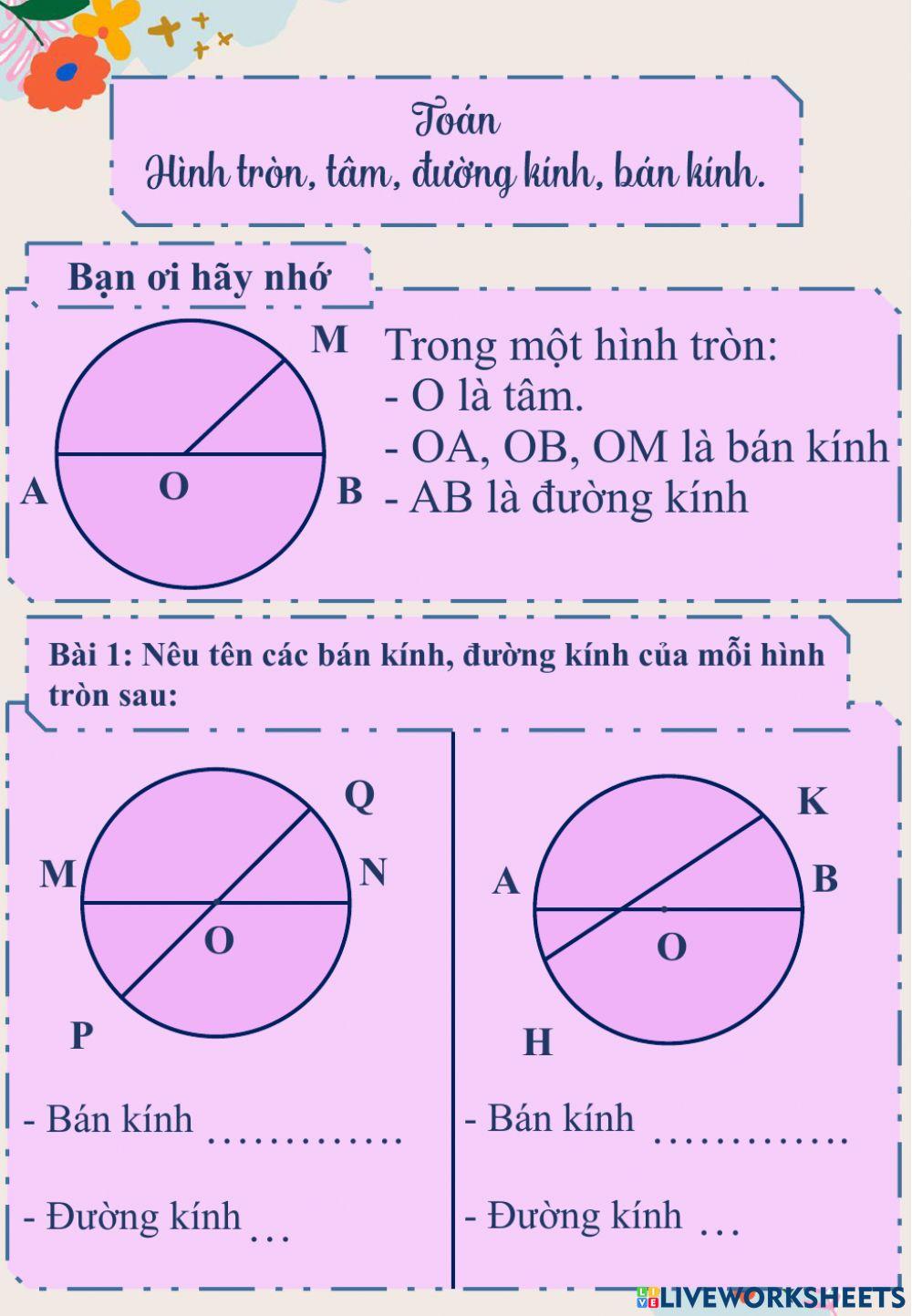 Toán 3 - Hình tròn, tâm, đường kính, bán kính