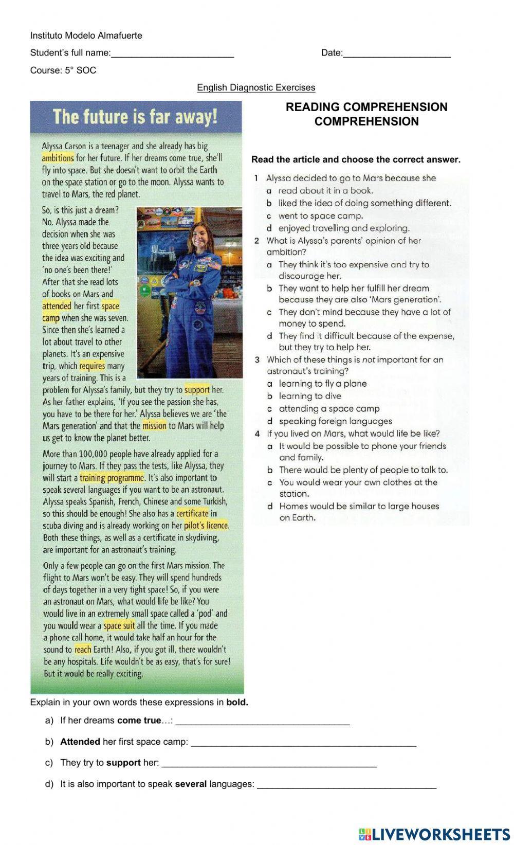 Reading comprehension - Space travelling