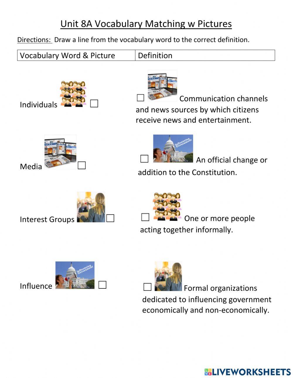 Unit 8A Influences on Government Vocabulary Match w Pictures