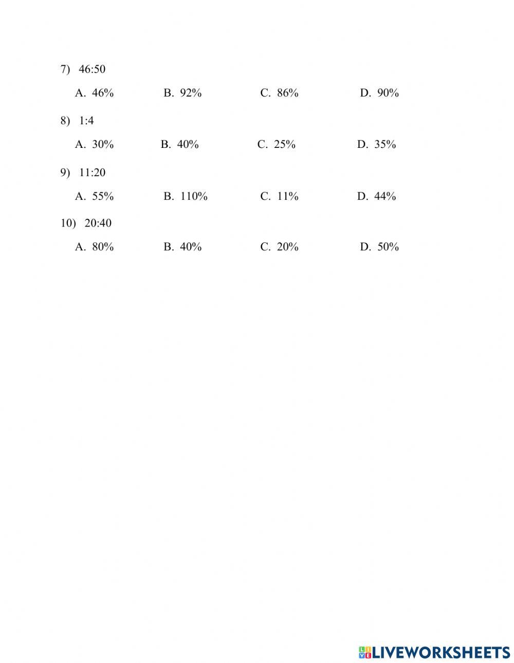 Changing Ratio to Percent worksheet
